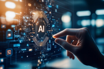 Eine Hand will einen digitalen Bildschirm mit dem Icon AI ber&uuml;hren, holografische Darstellung eines virtuelles Display, das mit k&uuml;nstlicher Intelligenz gesteuert wird, die Zukunft wird KI