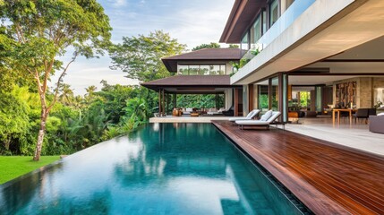 Fototapeta premium Modern Villa with Infinity Pool Surrounded by Lush Greenery