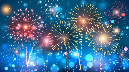 Naklejka premium Background with bright fireworks and lights against the night sky.