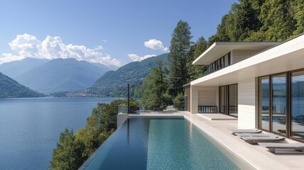 Fototapeta premium Modern villa perched on a lakeside cliff, offering unobstructed views of the water and surrounding forest villa, lakeside cliff