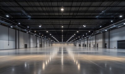 Empty industrial warehouse space with concrete floor and metal ceiling.