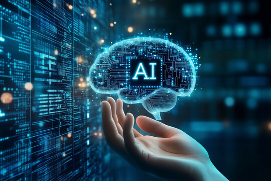 Menschliche H&auml;nde halten ein KI Gehirn in den H&auml;nden, der Mensch steuert die K&uuml;nstliche Intelligenz, KI Geist als Hologramm dargestellt