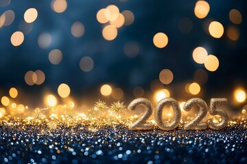 New year and Christmas celebration blue and golden glittering on abstract background and  defocused Bokeh Lights with blank space for text illustration.