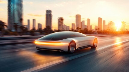 property loan investment amortization concept. A sleek, futuristic car drives along a city road at sunset, highlighting modern design and innovation against a vibrant skyline.
