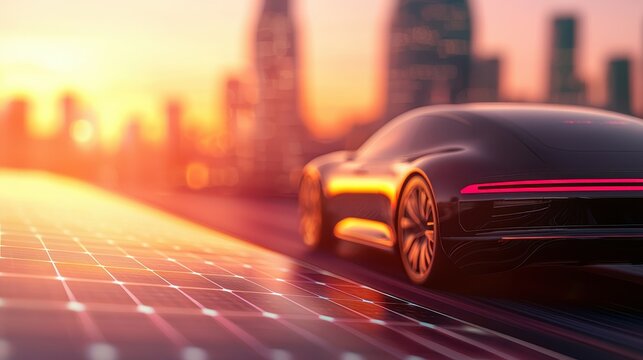 property loan investment amortization concept. A sleek, futuristic car drives towards a sunset, reflecting sophisticated design and innovation against a city skyline and solar panels.