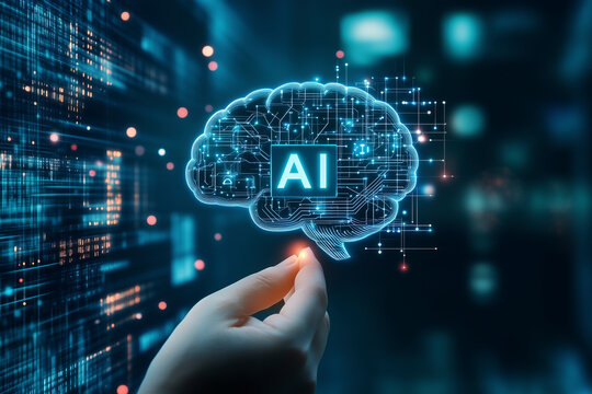 Menschliche H&auml;nde halten ein KI Gehirn in den H&auml;nden, der Mensch steuert die K&uuml;nstliche Intelligenz, KI Geist als Hologramm dargestellt