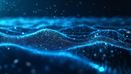 Abstract blue wave background with glowing particles.