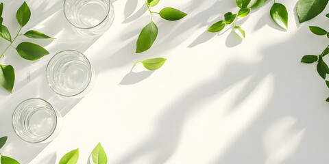 Pure natural green plants soaked in cup or beaker waiting for extraction on white table. Food science, health, nutrition, business, beauty, medical, commercial poster, poster, wallpaper, background