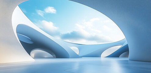 Abstract modern architecture with blue sky and clouds seen through a circular window in a minimalist room.