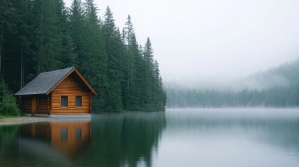 Obraz premium Oldfashioned wooden cabin on the lake s edge, surrounded by tall pine trees and mist rising off the water cabin on lake, misty morning