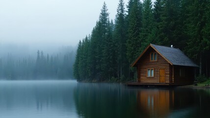 Fototapeta premium Oldfashioned wooden cabin on the lake s edge, surrounded by tall pine trees and mist rising off the water cabin on lake, misty morning