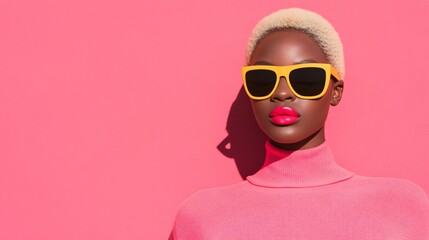 African American woman in pink turtleneck and yellow sunglasses on bright pink background. Fashion style portrait. Modern minimal concept for beauty, style banner with copy space