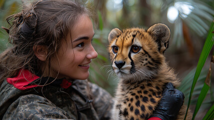 A woman holding a small tiger, symbolizing efforts in endangered species breeding programs for conservation, highlighting the importance of protecting wildlife for future generations.