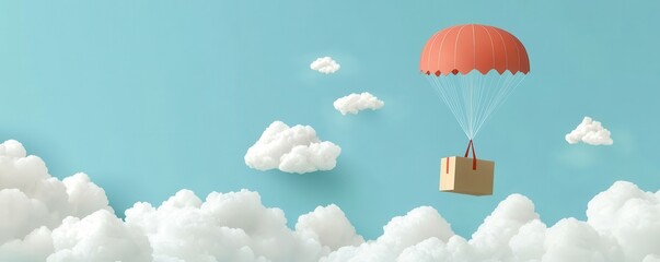 A Box flying on a parachute with pink cloud,vector illustration of package flying down from sky and cloud with parachute, concept for delivery service,shopping online,air delivery service.