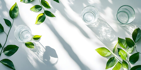 Pure natural green plants soaked in cup or beaker waiting for extraction on white table. Food science, health, nutrition, business, beauty, medical, commercial poster, poster, wallpaper, background