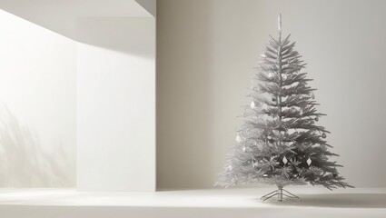 Artificial silver decorative Christmas tree in an empty room, New year 2026 banner, Cloud Dancer color design