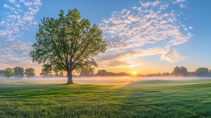 Naklejka premium Serene Sunrise over Golf Course with Mist and Lone Tree