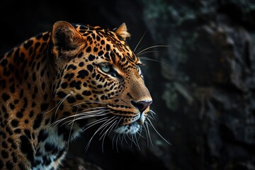close-up head leopard profile view on dark background