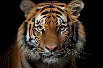 closeup portrait of tiger on a black background