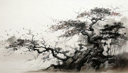 Japan sumi e style scattered water color art work on white background 