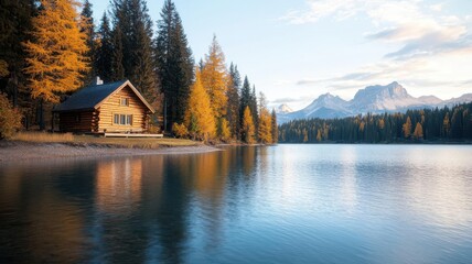 Fototapeta premium Rustic log cabin nestled by a crystalclear lake, surrounded by tall pines and autumn leaves cabin on lake, autumn beauty