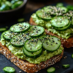 a delicious breakfast of creamy avocado spread on toasted rye, topped with cucumber ribbons and a sprinkle of black sesame seeds