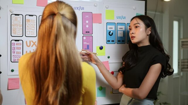 Male and Female Web and Graphic Designer Team Brainstorming Ideas for Mobile UX UI Website for Mobile Applications and Design for Development Wireframe Technology Concept.
