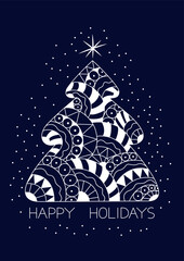Christmas Tree with pattern and "Happy Holidays" handwritten lettering on a dark blue background. Simple design for print, social media and more