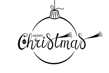 Merry Christmas handwritten lettering with big Christmas tree ball and scarf. Xmas text isolated on white for design postcard, poster, banner