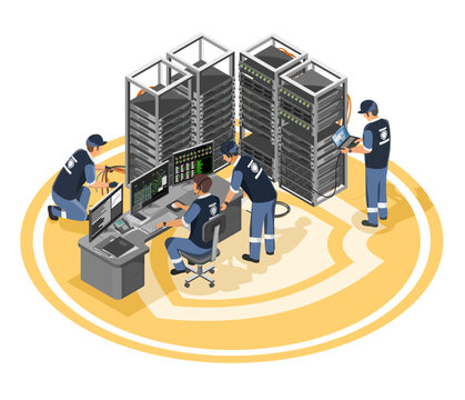 cyber security engineer and it support setup electric system in server room isometric isolated industrial concept illustration on white background