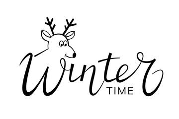 "Winter time" handwritten lettering with Christmas deer. Isolated text on white for design postcard, poster, banner
