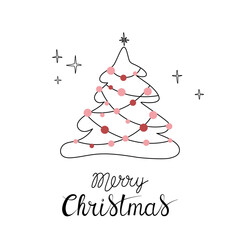 Christmas greeting card with "Merry Christmas" handwritten lettering and Christmas tree on a white background. Simple design for print, social media and more