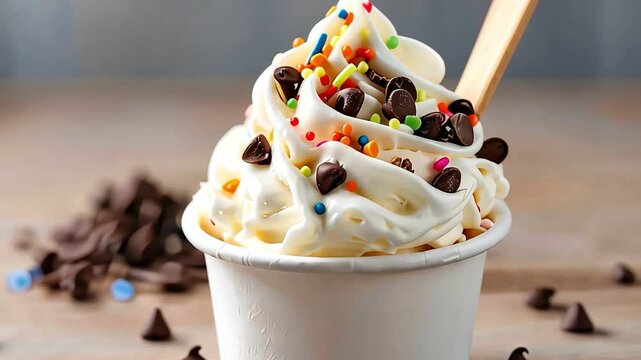 Delicious ice cream topped with chocolate chips and colorful sprinkles in a paper cup, perfect for summer treats.