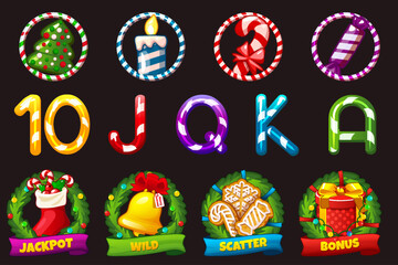 Set of 12 slot symbols Christmas theme. Christmas or winter game slot icon, vector casino badge set, web UI x-mas design element kit