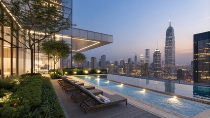 Fototapeta premium Rooftop pool with skyline view at dusk