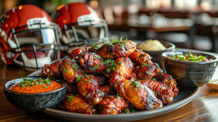 Delicious barbecue chicken wings with dipping sauces and helmets at a sports bar