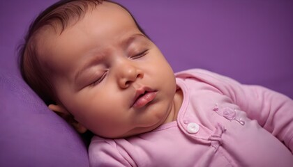 "Serene Slumber: Adorable Baby Sleeping With Mouth Peacefully on Lavender Background"