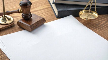 Legal tools on a wooden desk with blank paper