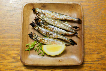 Shishamo ( grilled whole shishamo smelt fish), a home-style dish from Japan and other Asian regions	