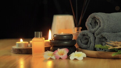 Beautiful composition with spa stones on white marble table.Spa treatment