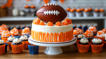Football-themed birthday cake surrounded by colorful cupcakes for celebration