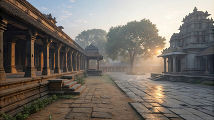Serene sunrise at an ancient temple complex