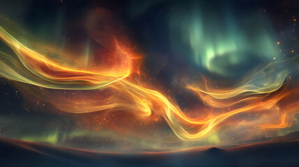 Fototapeta premium Celestial Symphony: Golden Aurora Waves Mingle with Mystical Smoke Trails in a Starry Night Sky