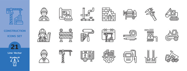 Building and construction line icons vector set collection. Linear icon isolated on white blackground.