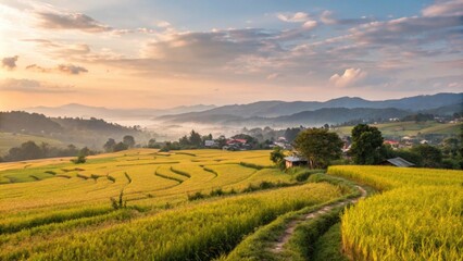 Naklejka premium Scenic sunset over lush rice terraces in the countryside