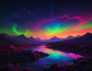 Fototapeta premium cosmic landscape in neon colors and northern lights in space