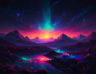 cosmic landscape in neon colors and northern lights in space