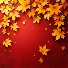 Fototapeta premium Maple leaves dance on a vibrant red abstract backdrop, a Canadian holiday banner.