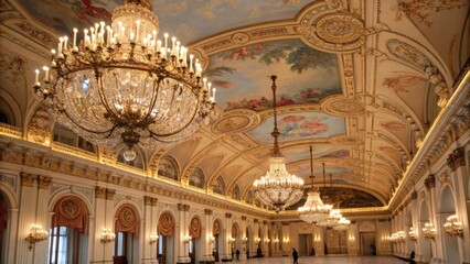 Obraz premium Elegant ballroom with ornate chandeliers and frescoed ceiling