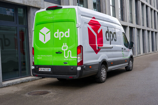 Parked white and green colored DPD electric courier van at industrial district of City of Z&uuml;rich on a autumn  day. Photo taken November 26th, 2024, Zurich, Switzerland.
